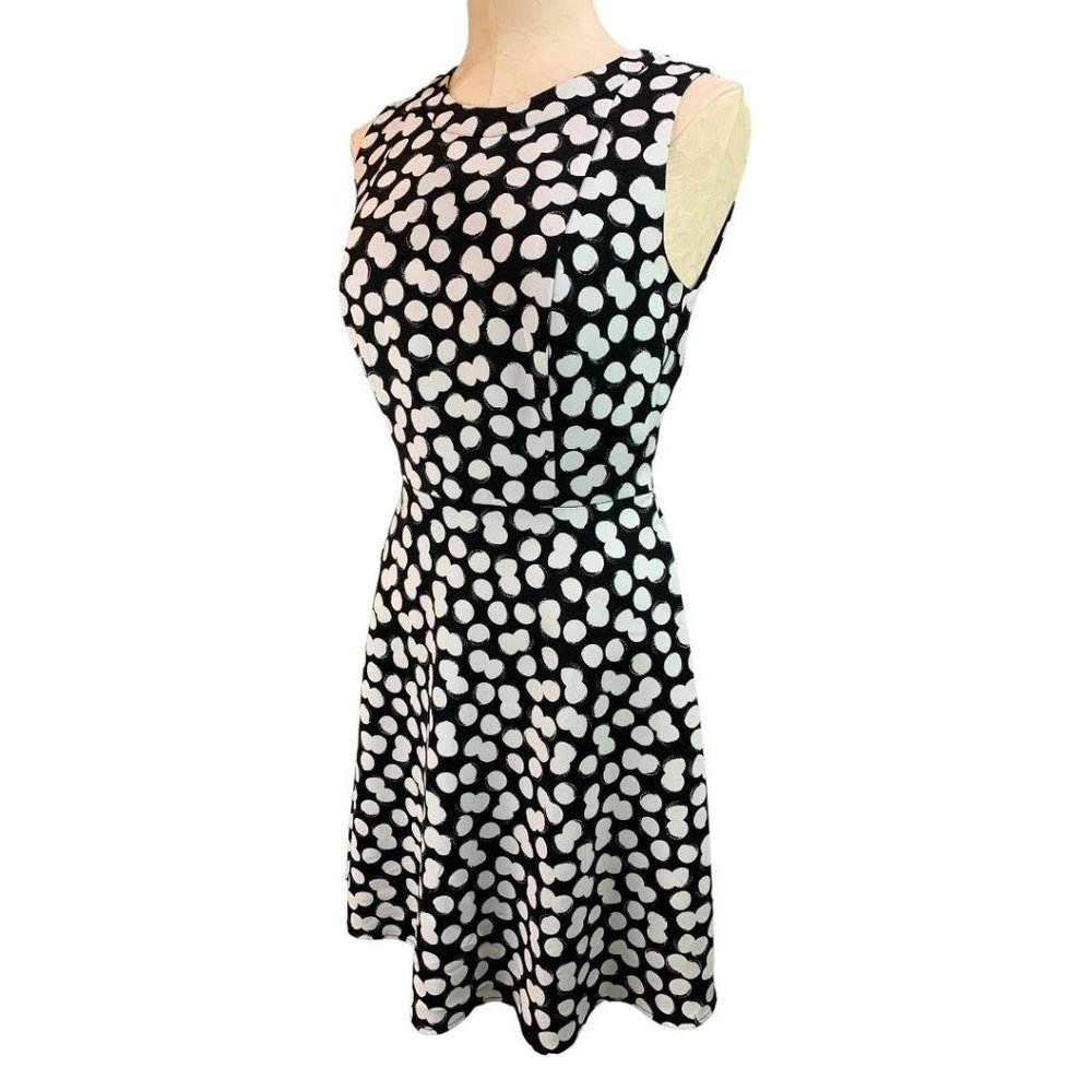 10 AB Studio Black White‎ Dot Sleeveless A-Line Dress Lined Bodice